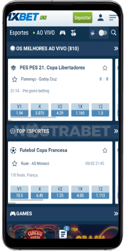 página inicial do aplicativo Android 1xbet