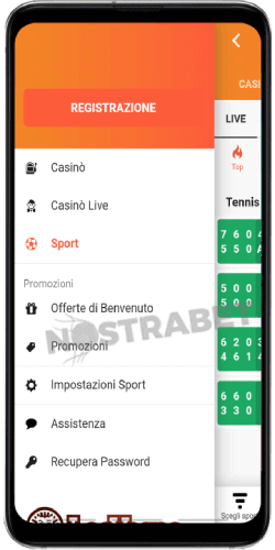 menu dell'app Android leovegas