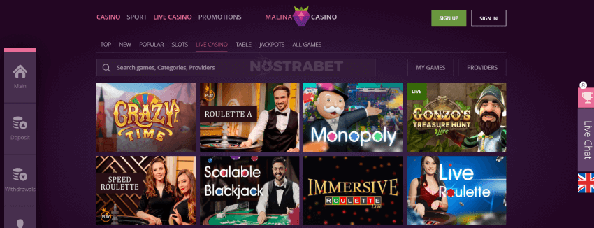 Malina Casino Live Games